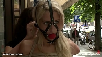 Bound blonde Blanche Summer is stripped in public window by Princess Donna Dolore then brought and spanked in the park till fucked by big cock Zenza Raggi