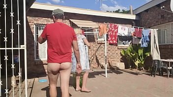 Outdoor fucking while taking off the laundry